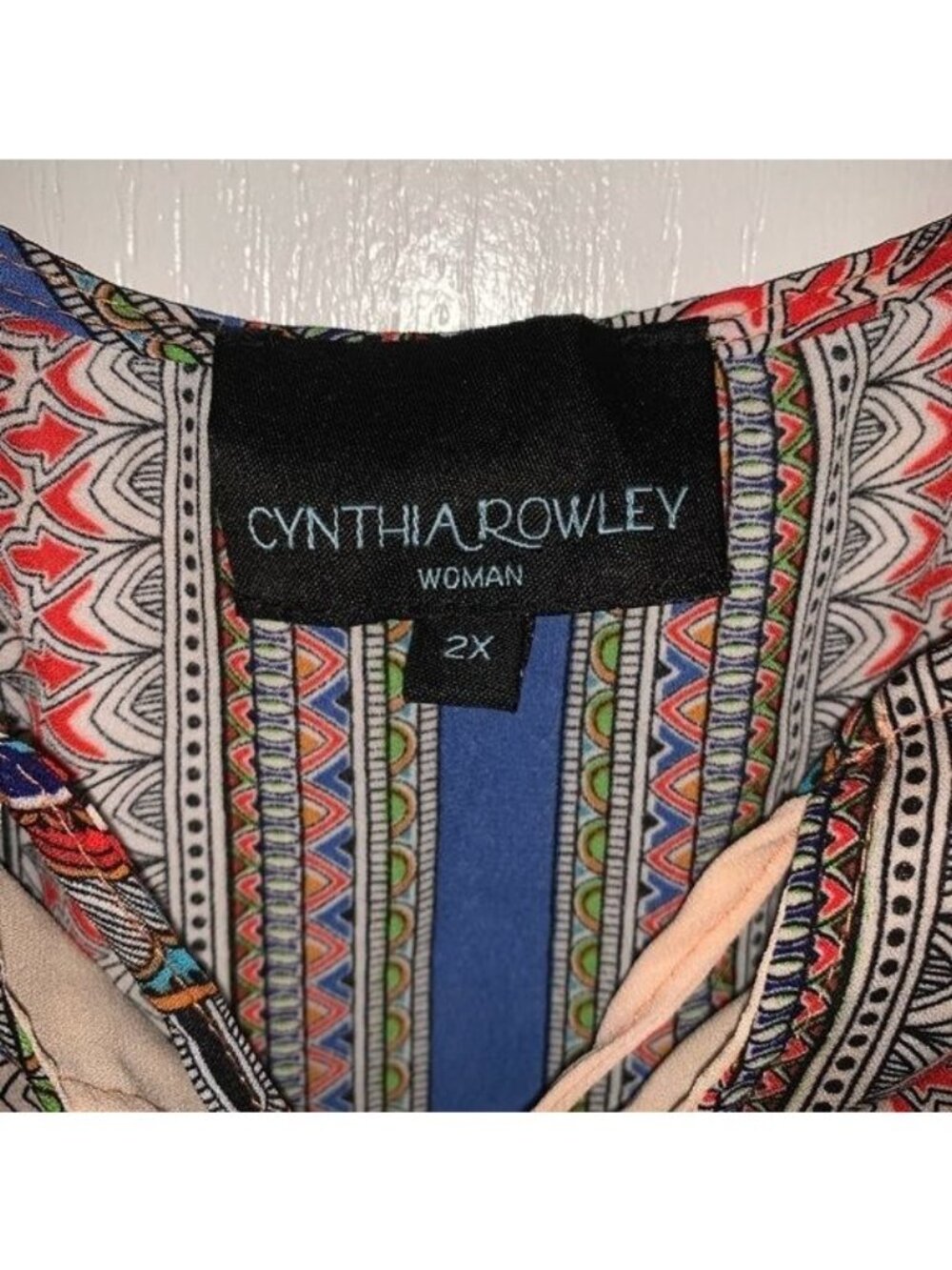 Cynthia Rowley Womens 2X Sleeveless Boho Print Top With Tie Neck & Vibrant Multi - Picture 4 of 9